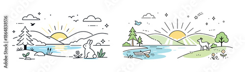 Peaceful landscape illustrations of sunrise and sunset with nature scenes