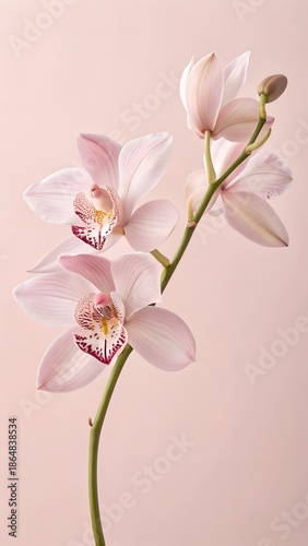 Single orchid flower isolated, pale soft pink background, soft natural light, minimal elegant composition, subtle highlights on petals, dreamy luxurious aesthetic, ultra HD, no text, no watermark, no 