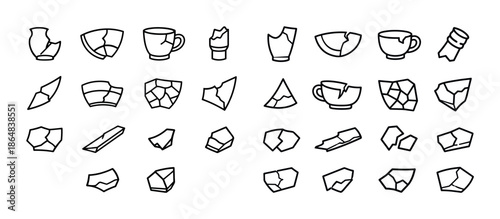 Collection of broken pottery and shattered mugs in various shapes