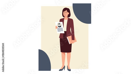 professional woman holding resume and documents in modern office environment