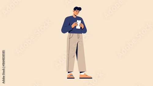 Young man using smartphone with a casual outfit in a minimalistic background
