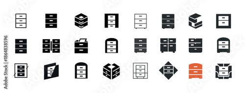 Diverse file cabinet icons collection in various styles and designs