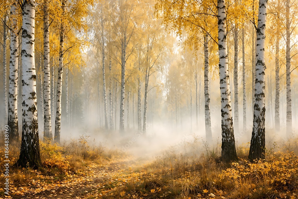 Fototapeta premium A serene autumn forest landscape features numerous tall white birch trees adorned with bright golden yellow leaves, with an ethereal mist gently hovering over the ground and a winding path covered