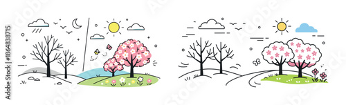 Seasonal transition: winter to spring blossom in scenic landscape