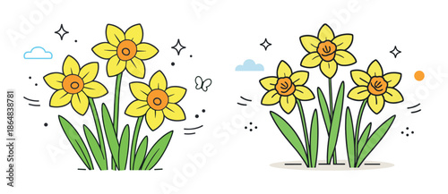 Bright yellow daffodils with green stems and leaves in minimalist cartoon style