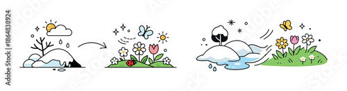 Illustration of seasonal transition from winter to spring with blooming flowers