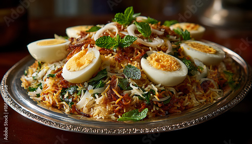 A lavish platter of biryani crowned with eggs, mint, and crispy onions radiates festive south Asian flavor 