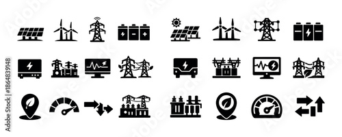 Renewable energy icons set featuring solar panels wind turbines power lines batteries and charging stations