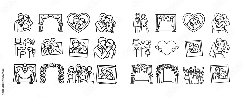Fototapeta premium Romantic wedding line art icons set of couples and ceremonial decorations
