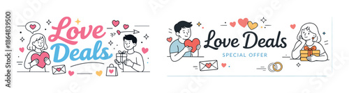 Love deals banner with cartoon couple and cute heart elements