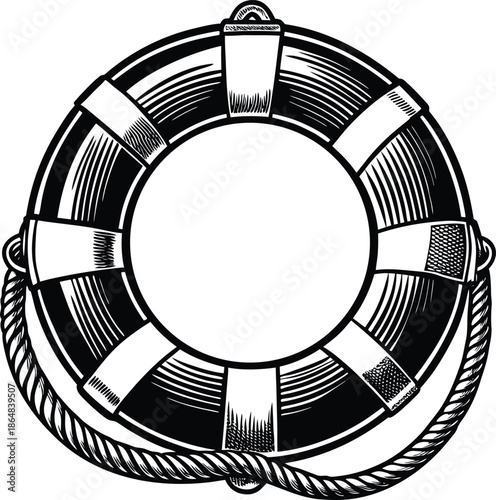 Black and white of a life preserver lifesaver rope