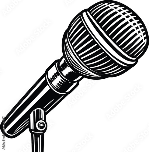 Black and white of a microphone on a stand music audio