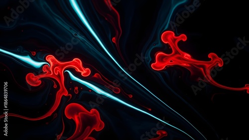 Abstract dark composition with glowing red fluid forms and luminous blue streaks flowing through black space, creating a dramatic futuristic and energetic visual contrast.