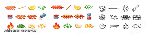 Colorful and iconic skewer and grilling icon set with food elements