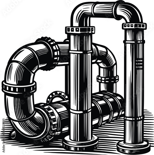 Black and white of industrial pipes metal tubing