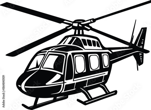 Black helicopter with rotor blades white background