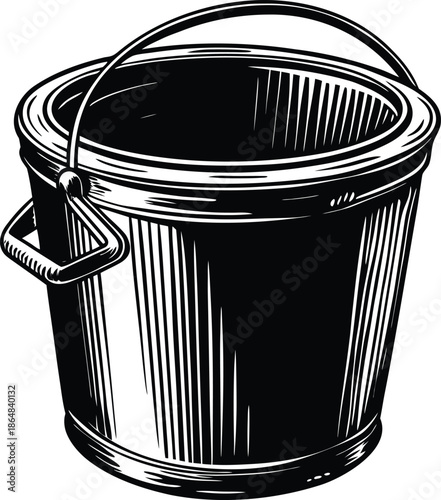 Black metal bucket with handle ribbed