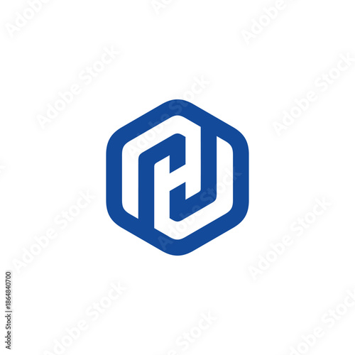 Vibrant geometric corporate logo design with interweaving red and blue elements creating a unique initial-inspired mark, set within a crisp hexagonal boundary, perfect for a modern brand