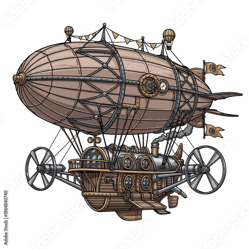 An intricately detailed illustration of a steampunk airship with propellers and a gondola.