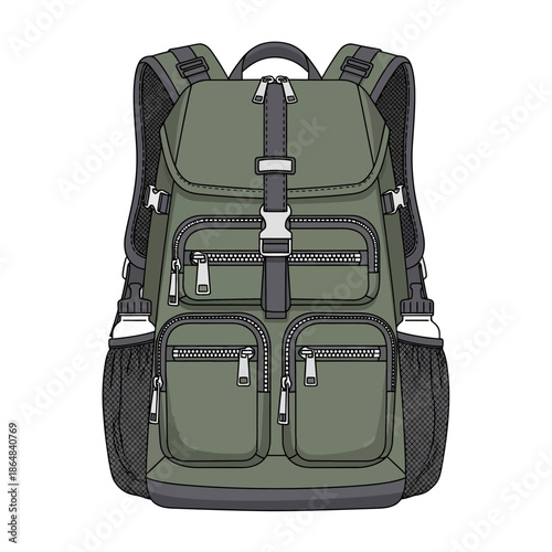 A detailed illustration of a green backpack with multiple compartments and pockets, designed for outdoor activities.