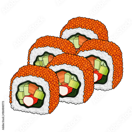 A close-up illustration of several delicious sushi rolls, featuring vibrant orange tobiko roe coating the outside and fresh ingredients like cucumber and imitation crab inside.