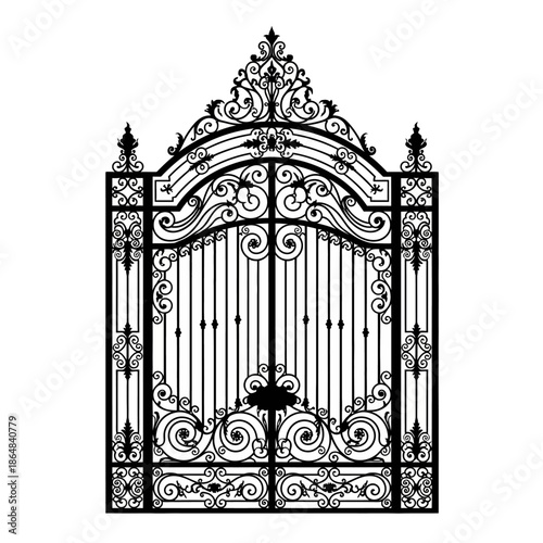 An ornate black wrought iron gate with intricate scrollwork and decorative finials, suggesting grandeur and security.