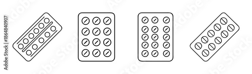 Four various black and white outline blister packs of pills on a white background