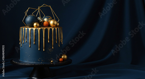 Elegant Cake Display: Luxurious gold and blue cake with decorative spheres