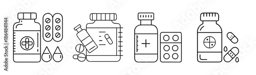 Collection of outline medical icons depicting various bottles, pills