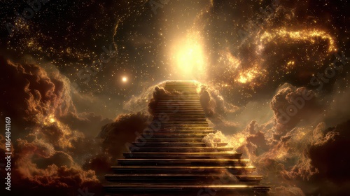 A stairway is depicted rising into a celestial sky, where divine light dominates the scene 