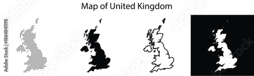 Set of simplified maps illustrating the United Kingdom in various styles and colors.