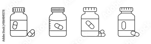 Set of four line art pill bottles with capsules and medical symbols