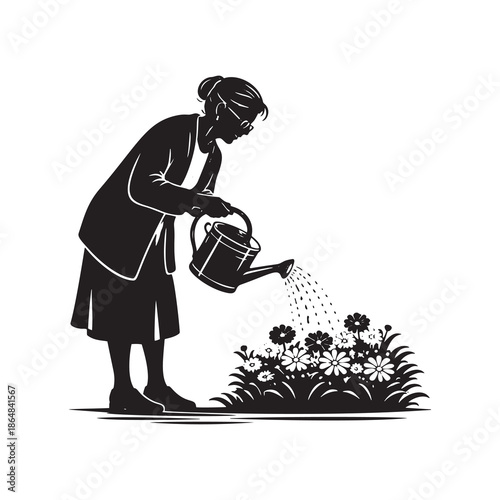 Minimalist black vector silhouette of an elderly woman watering flowers. Symbol of care, patience, life experience, calm routine, nature, growth, and quiet joy in later years.