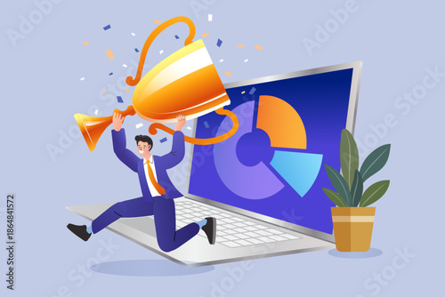 Happy businessman holding gold trophy cup jumping out of laptop screen. Online business success and digital marketing achievement concept.