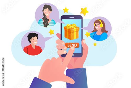 Hand holding smartphone sending virtual gift box reward to happy people online. Customer loyalty program, referral bonus, and digital marketing giveaway concept.