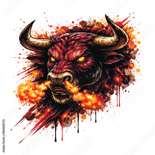 Powerful vector graffiti urban illustration of a raging bull head breathing fire with splashes and drips. Street art style symbolizing strength, fury, dominance, aggression, and raw energy.