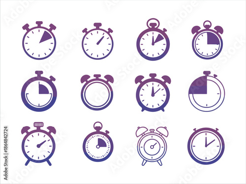 Collection of purple stopwatch icons isolated on white background