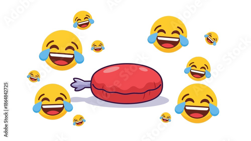A red sausage surrounded by multiple laughing emojis with tears of joy on a white background, conveying humor and amusement with funny