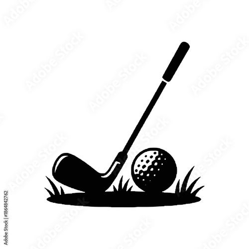 Golf club and ball on grass silhouette