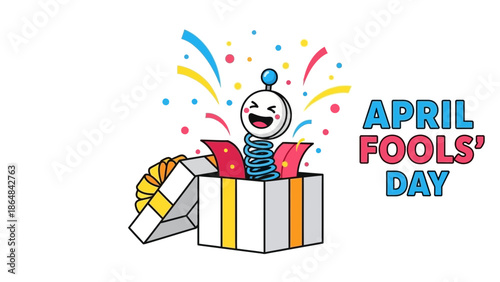 A joyful spring april fools' day cartoon character emerges from a colorful gift box with confetti with April Fools Day with celebration
