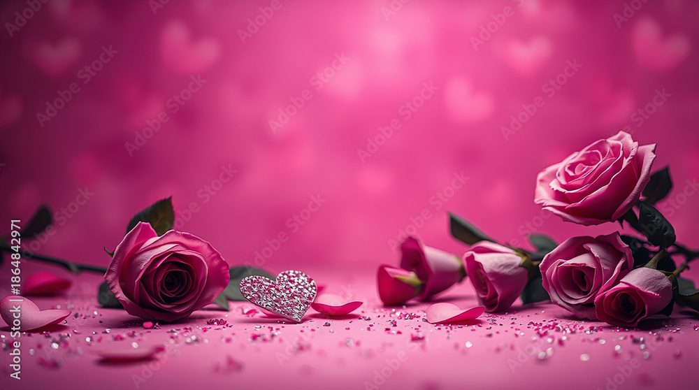 Fototapeta premium Romantic soft pink background with delicate glitter hearts and freshly bloomed pink roses scattered across the scene, capturing the essence of Valentine's Day mood, with a warm and inviting ambiance
