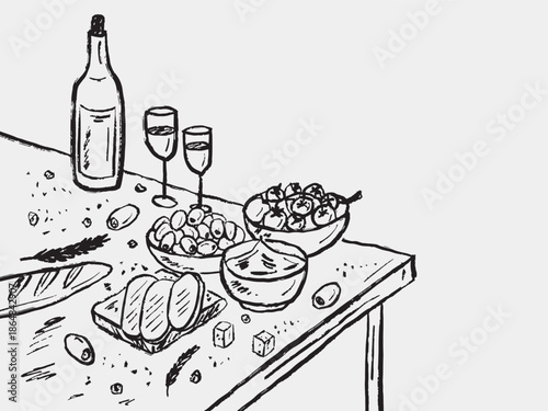 Hand drawn Italian dinner with wine, bread, olives and cheese. Mediterranean food design. Menu design, food on table, angle view. Vector sketch illustration in vintage crayon charcoal style