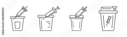 Syringe disposal bin icons, safe medical waste management and sharps container.