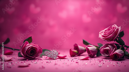 Romantic soft pink background with delicate glitter hearts and freshly bloomed pink roses scattered across the scene, capturing the essence of Valentine's Day mood, with a warm and inviting ambiance