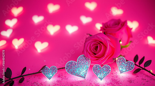 Romantic soft pink background with delicate glitter hearts and freshly bloomed pink roses scattered across the scene, capturing the essence of Valentine's Day mood, with a warm and inviting ambiance