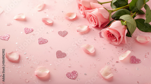 Romantic soft pink background with delicate glitter hearts and freshly bloomed pink roses scattered across the scene, capturing the essence of Valentine's Day mood, with a warm and inviting ambiance