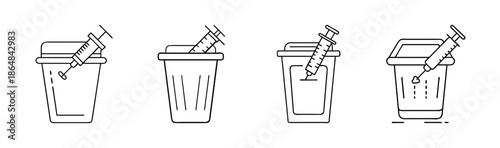 Line art icons depicting safe syringe disposal in medical waste containers