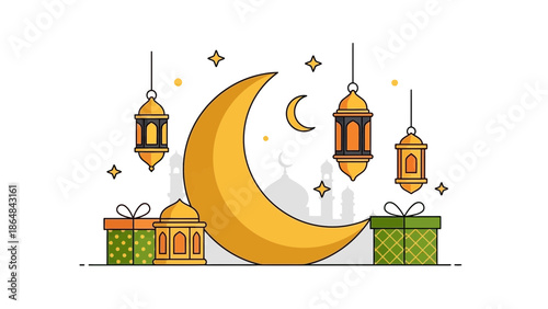 Islamic holiday celebration with crescent moon, lanterns, mosque and gifts, symbolizing ramadan or eid al fitr joy and festivity