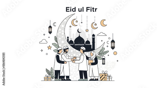 Eid ul fitr celebration with people exchanging gifts, mosque and crescent moon in background, lanterns and stars, traditional with Unity