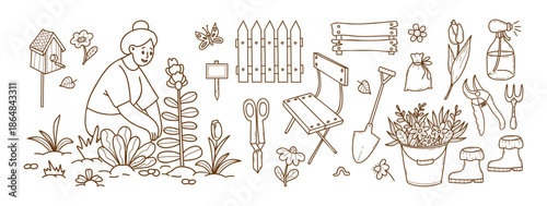 Garden Hand Drawn Set. Woman Gardener Farmer with Flower Garden, Birdhouse, Fence, Tools, Bouquet in Bucket, Rubber Boots and Wooden Chair. Isolated Outline Doodle. Vector illustration. Not AI
